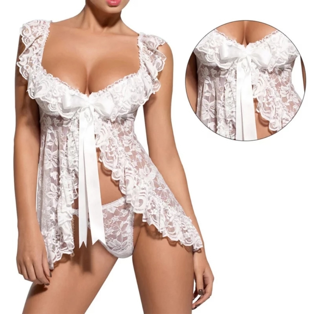 Women  Sexy Lingerie Naughty Lace Sleepwear Nightwear Set  BodysuitCorset+String